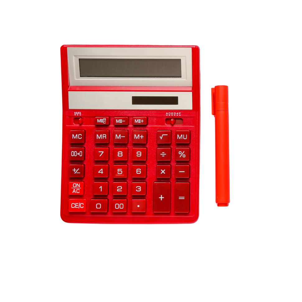 Bright red calculator with dual display screens and red stylus pen on white background.
