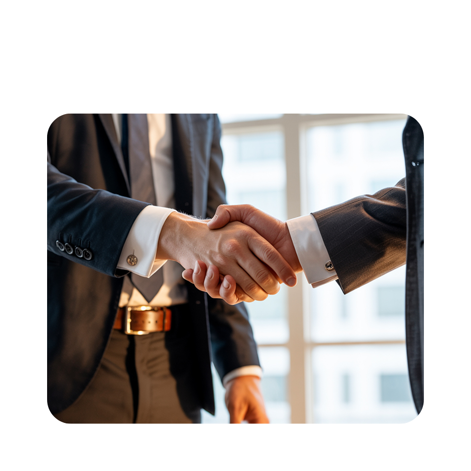 Two business professionals in dark suits shaking hands in a bright office with windows in the background.