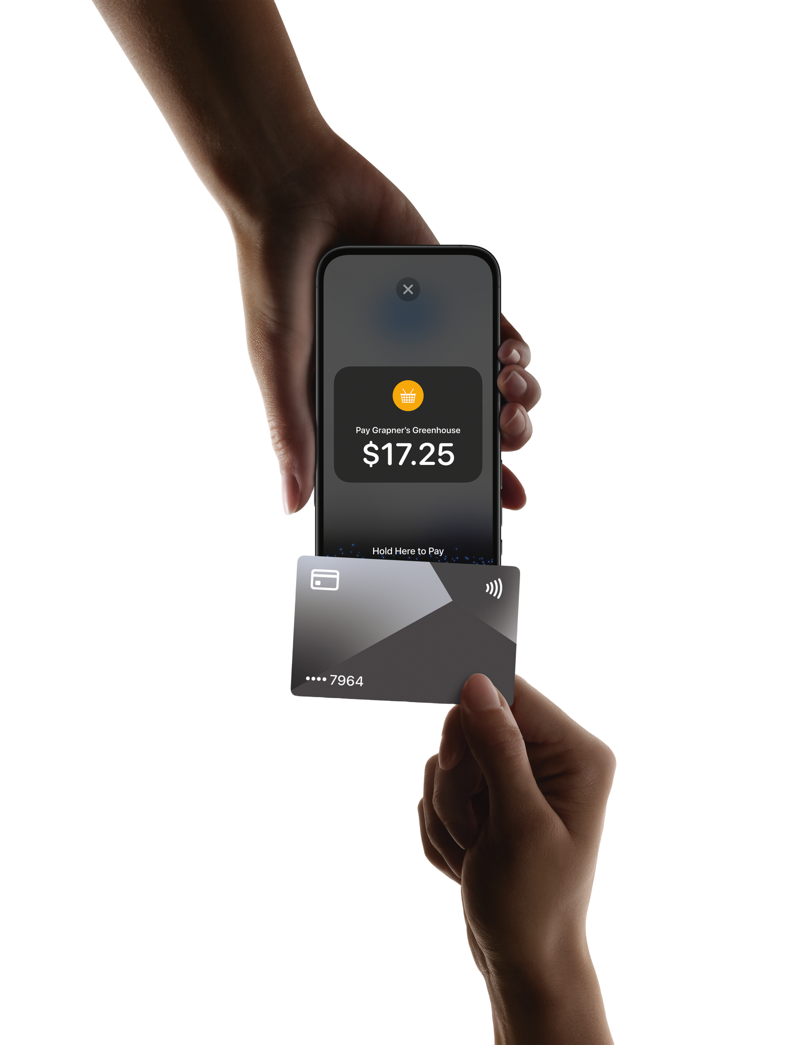 two hands tapping credit card on an iphone to make a payment