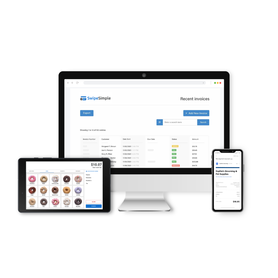 SwipeSimple payment processing system displayed on laptop, tablet, and smartphone showing invoices, product menu, and transaction details.