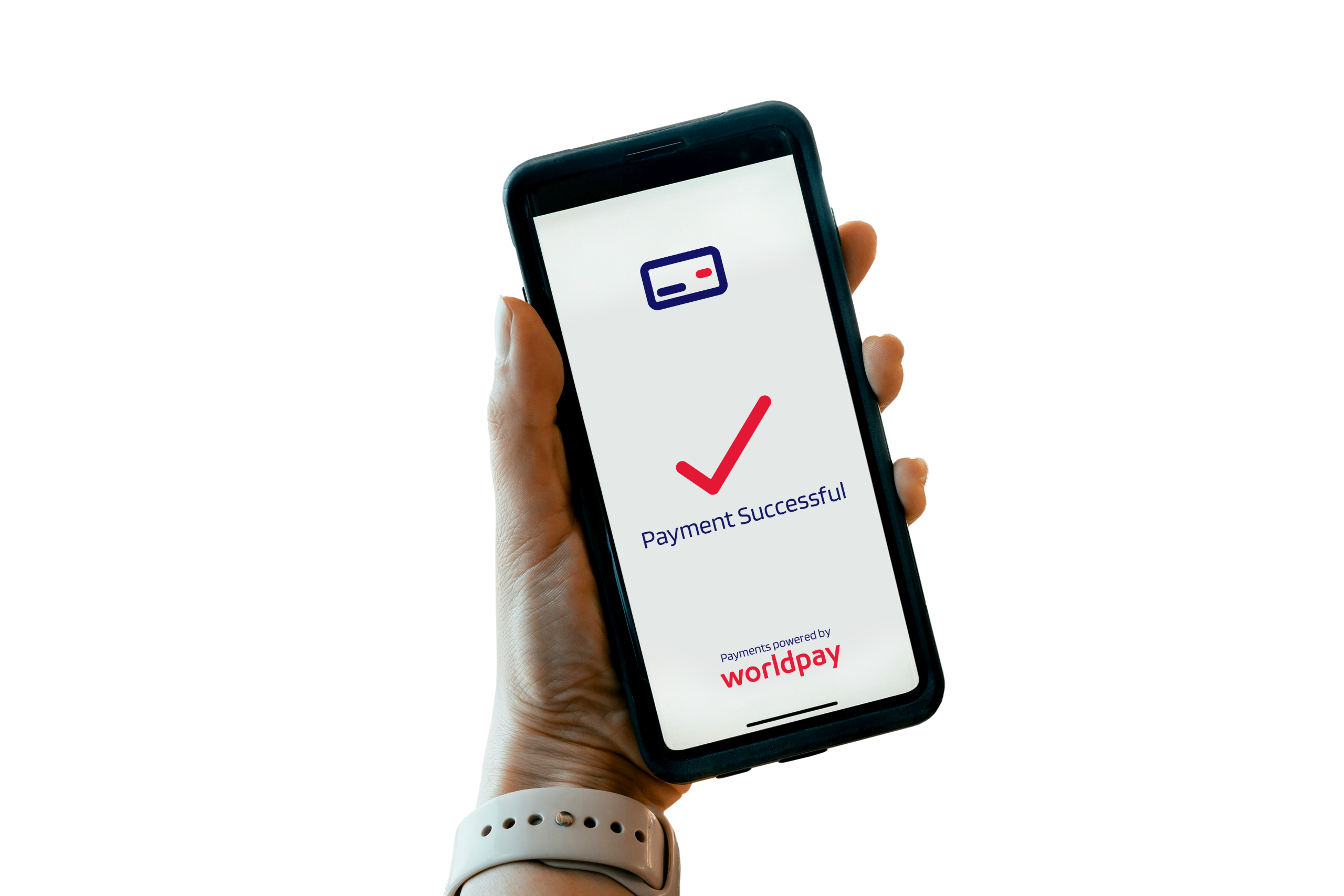 Cell phone with red checkmark and Worldpay displayed in screen