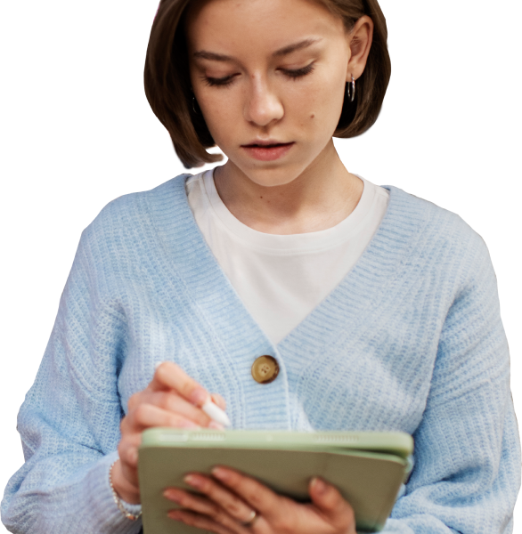 A woman pointing a stylus at the screen of her handheld tablet device