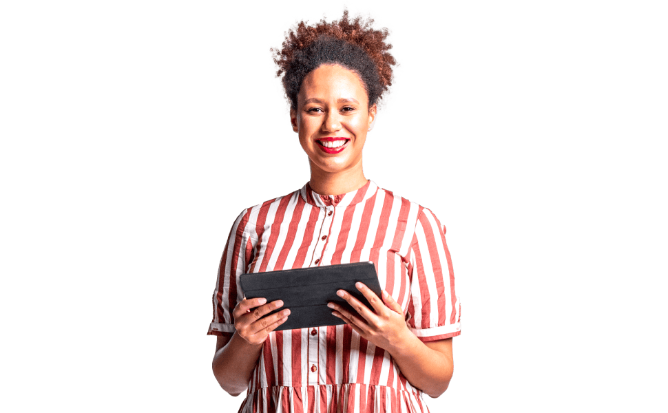 Woman in striped shirt with tablet